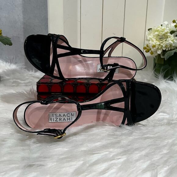 NEW Isaac Mizrahi Vintage Leather T-Strap Ankle Wrap High Heel Sandals Navy 5.5 - Picture 5 of 14